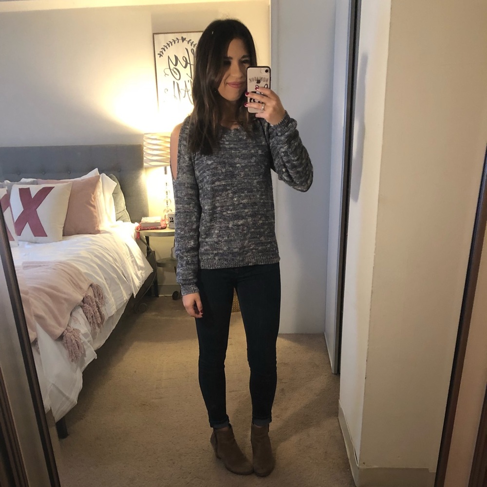 Blue, cold shoulder sweater